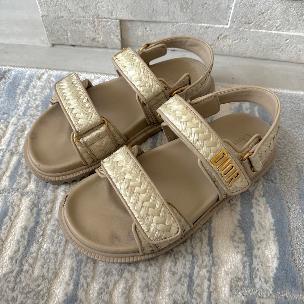 Christian Dior DiorAct Beige Raffia Woven Dad Sandal with Gold Logo Hardware